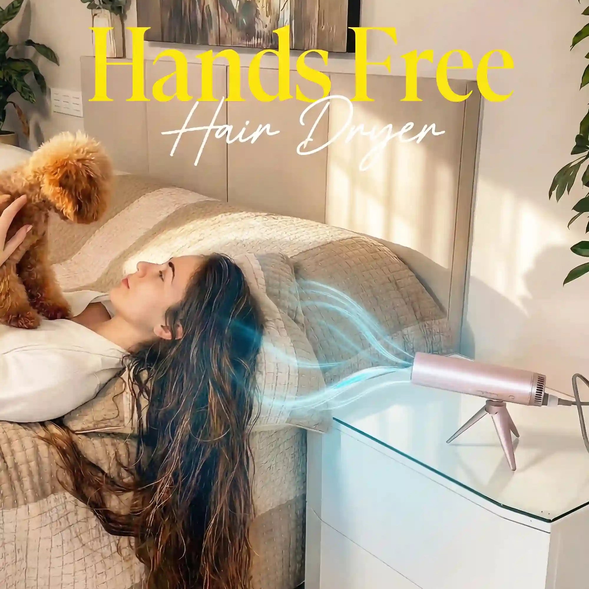 Woman lying on a bed with a 'Hands Free Hair Dryer' device in a bedroom setting.